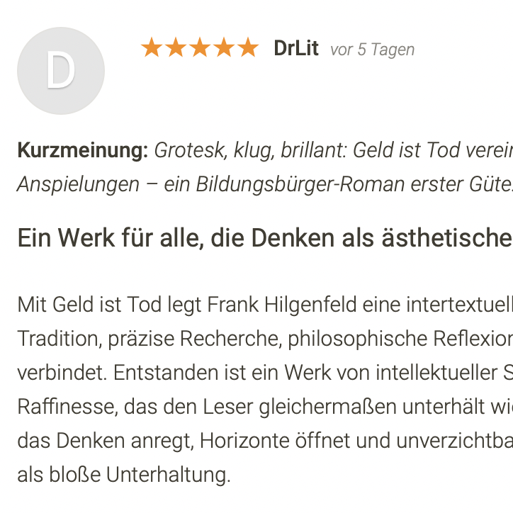 Literaturwissenschaftliche Rezension Kritische Analyse des Buches Geld ist Tod