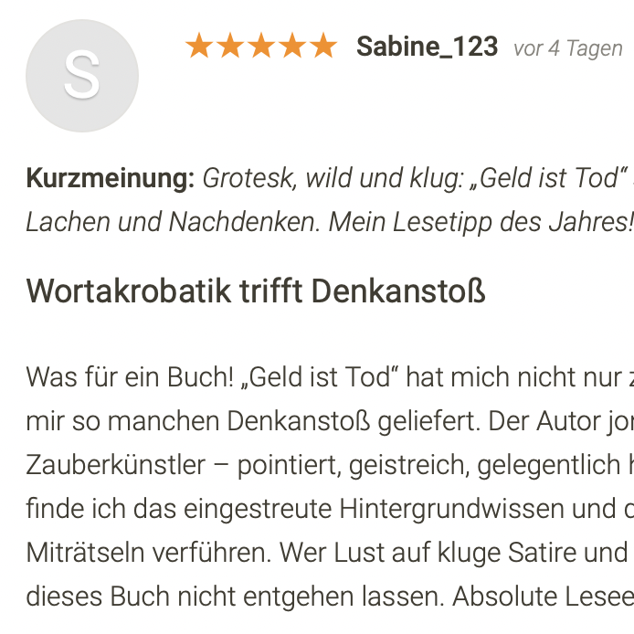 Eine Leserin über Geld ist Tod Rezension des Buches Geld ist Tod