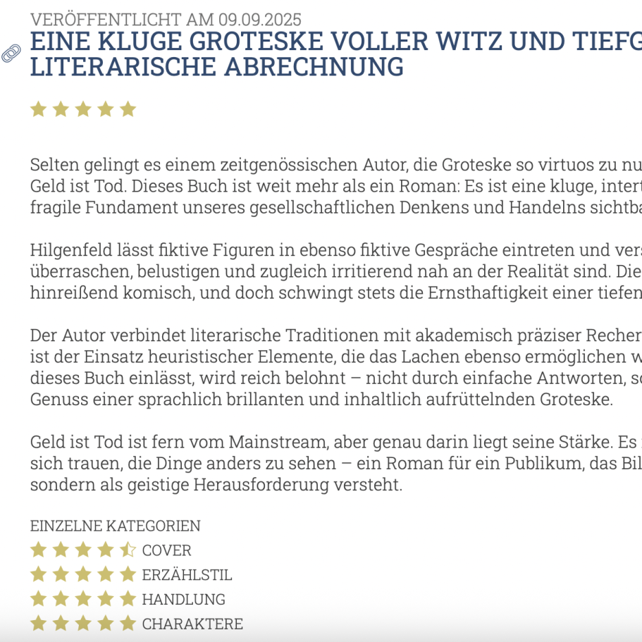 Rezension Rezension über Geld ist Tod
