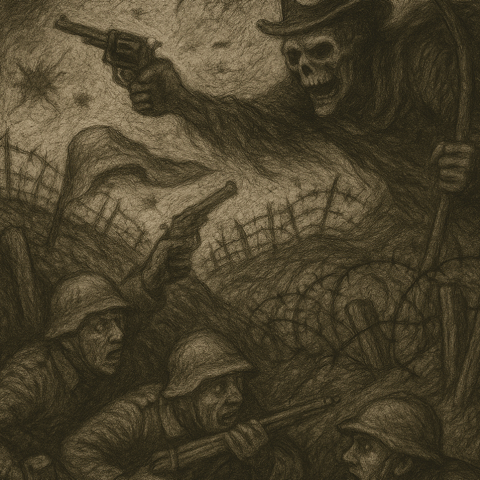 Wenn Zinsen marschieren – das Kapital im Sturmangriff Soldaten ducken sich hinter Stacheldraht im Niemandsland des Ersten Weltkriegs, während aus dem Nebel eine monströse Gestalt erscheint.