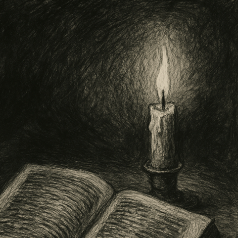 Letztes Licht „Geld ist Tod“ – liegt auf einem Tisch. Der Hintergrund verschmilzt zu einer Atmosphäre von Endlichkeit. Ein stiller Nachruf auf das Kapital